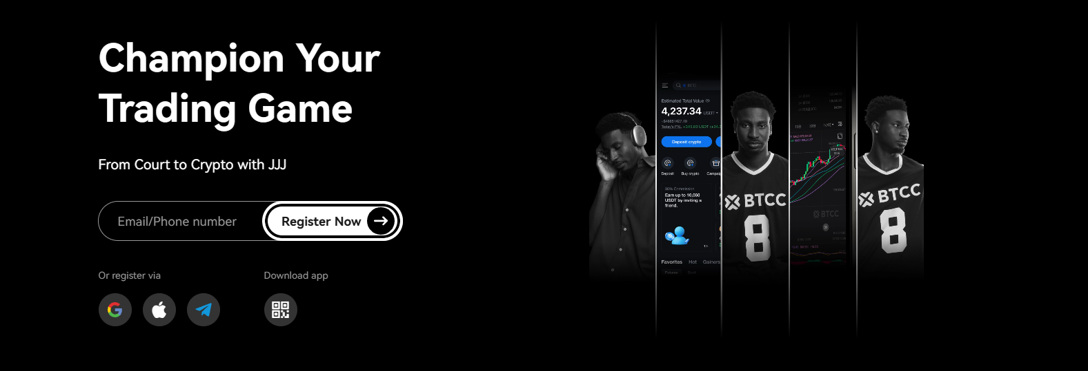 BTCC Exchange Homepage interface showing crypto trading pairs and welcome bonus
